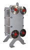 Fernwärme-Plattenwärmetauscher für 25 bar Betriebsdruck. Mit Flanschanschlüssen und Druckgestell.